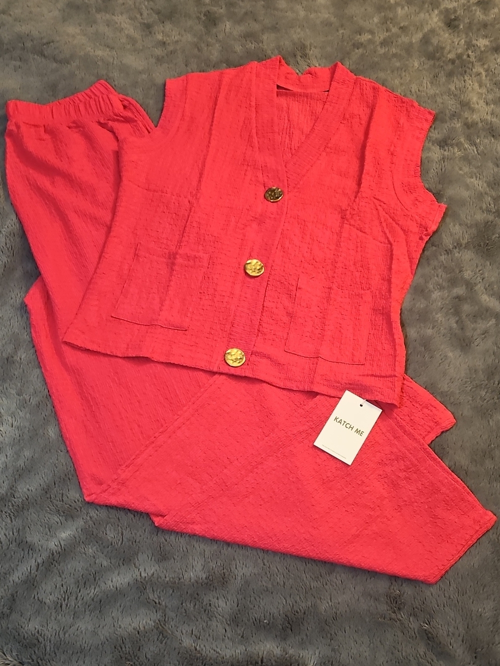 Katch Me Women's Textured Button Vest & Pant Set in Pink